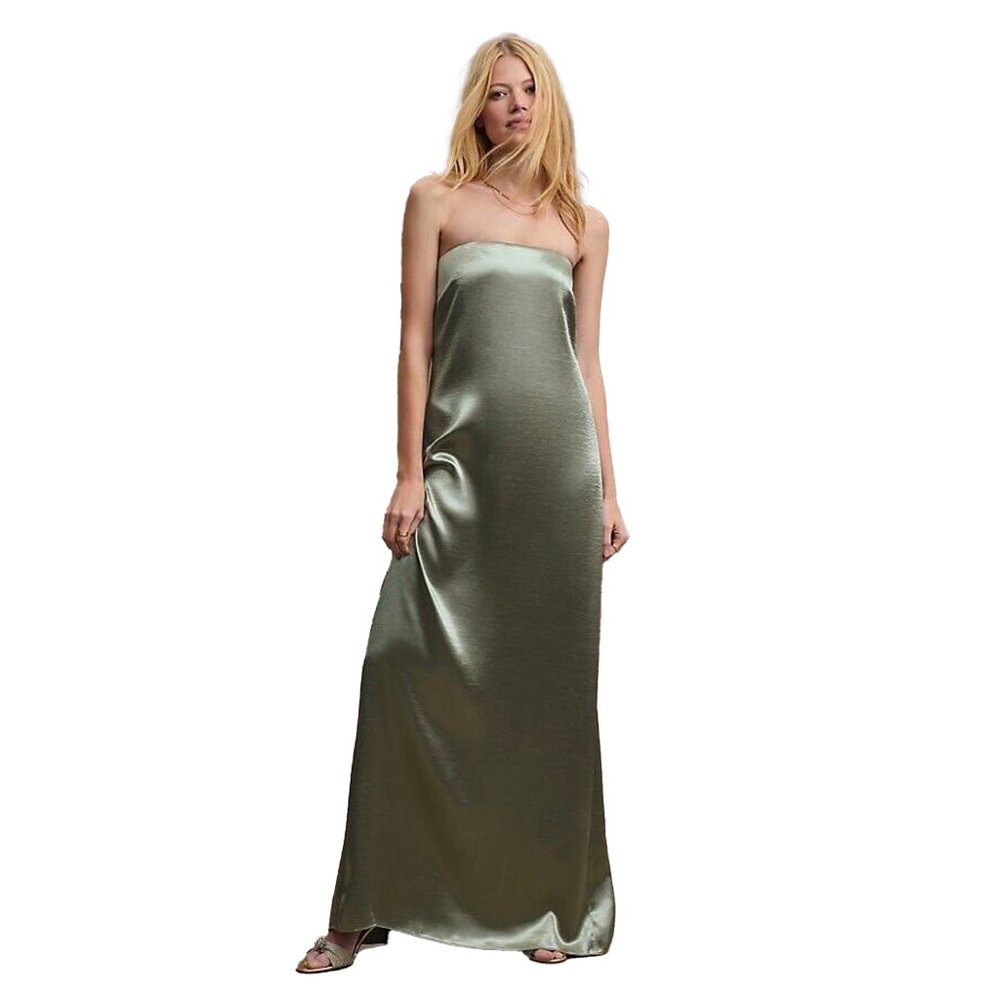 BHLDN Anthropologie Sachin Babi Stella Strapless Hammered Back-Slit Gown Green 4